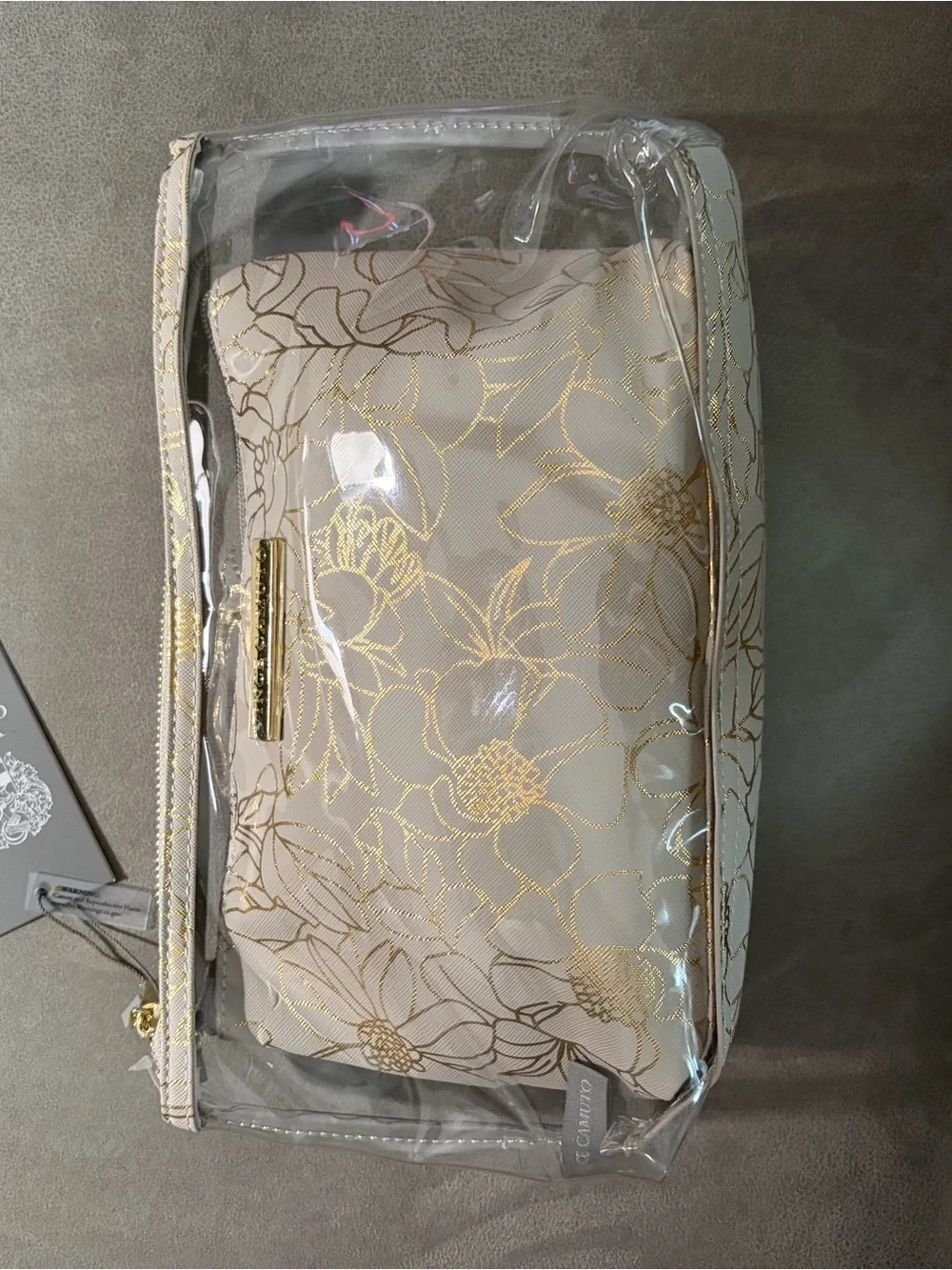 Vince Camuto PVC Floral Makeup Bag Set Beige/Gold/Clear Zipper Pouches